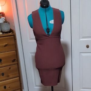 Babaton Backless V-Neck Dress in Rich Brown